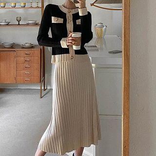 Set: Two-tone Cardigan + Accordion Pleat Midi A-line Skirt