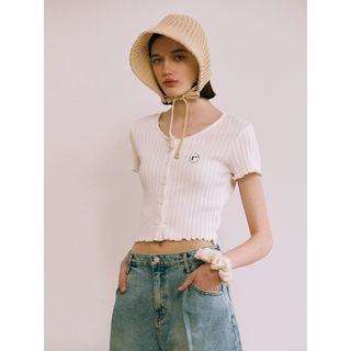 Lettuce-edge Ribbed Cropped Cardigan White - One Size