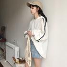 Color-block Striped Long-sleeve Hooded Top White - One Size