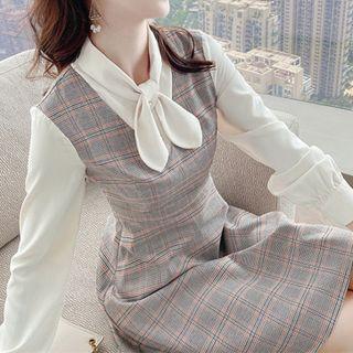 Long-sleeve Mock Two-piece Plaid Mini A-line Dress