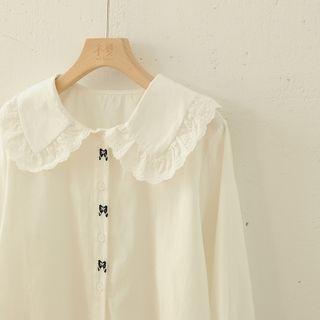 Bow Print Lace Trim Blouse Bow Print - White - One Size