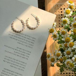 Faux Pearl Hoop Earring 1 Pair - 925 Silver Needle Earrings - One Size