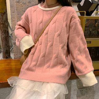Color-block Crewneck Long-sleeve Cable-knit Sweater