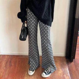 Heart Pattern Slim-fit Boot Cut Pants Black - One Size