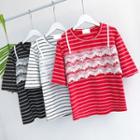 Short-sleeve Lace Trim Striped T-shirt
