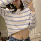 Long-sleeve Striped Ribbed Knit Crop Top Stripe - Blue - One Size