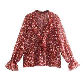 Long-sleeve V-neck Floral Frill Trim Blouse