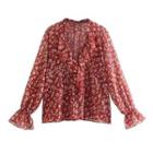 Long-sleeve V-neck Floral Frill Trim Blouse
