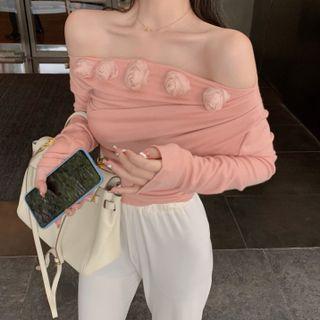 Floral-accent Off-shoulder Ruched Top Pink - One Size