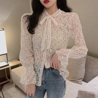 Long-sleeve Lace Tie-neck Top