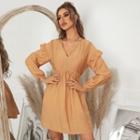 Long-sleeve V-neck Panel A-line Mini Dress