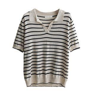 V-neck Two Tone Striped Knit Top