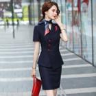 Short-sleeve Asymmetrical Blazer / Camisole Top / Mini Pencil Skirt / Set