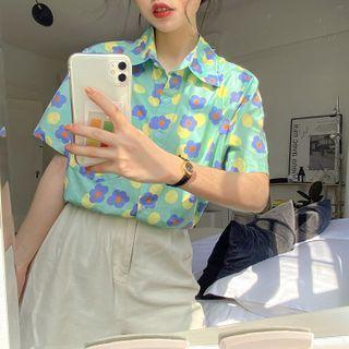 Short-sleeve Flower Print Loose-fit Shirt