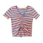 Striped Drawstring Ruched Short-sleeve Knit Top Multicolor - One Size