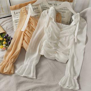 Pearl Breasted Pleated Lace Up Blouse