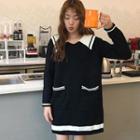 Color Panel Collared Long Sleeve Knit Dress
