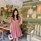 Elbow-sleeve Print A-line Dress Pink - One Size