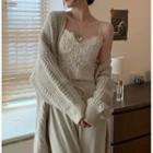 Lace Camisole / Long-sleeve Plain Knit Cardigan / Wide-leg Knit Pants