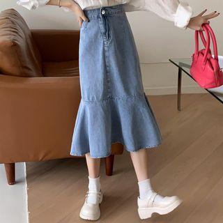Denim Ruffle Hem Midi A-line Skirt