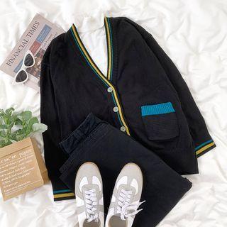 Contrast Trim Printed Knit Cardigan Black - One Size