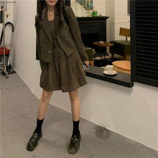 Set: Spaghetti Strap Plaid Dress + Blazer