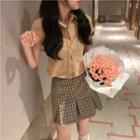 Short-sleeve Button-up Top / Plaid Mini A-line Skirt