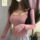 Long-sleeve Square-neck T-shirt Pink - One Size