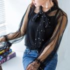 Set: Embellished Long-sleeve Tie-neck Mesh Top + Camisole