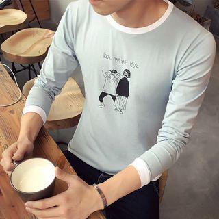 Cartoon Print Tipped Long Sleeve T-shirt