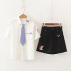 Short-sleeve Embroidered Shirt / Necktie / Wide-leg Shorts / Set
