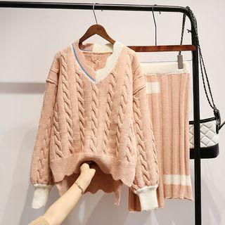 Set: V-neck Cable Knit Sweater + Knit Skirt
