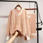 Set: V-neck Cable Knit Sweater + Knit Skirt
