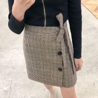 Tie-waist Plaid Pencil Skirt