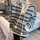V-neck Pattern Hooded Sweater Off-white - One Size