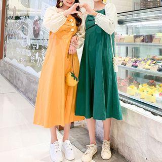 Long-sleeve Paneled Buttoned Midi A-line Dress