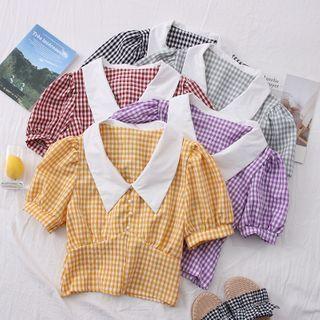 Pointy-collar Checker Crop Blouse