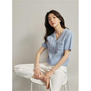 Short-sleeve Waffle-knit Cardigan