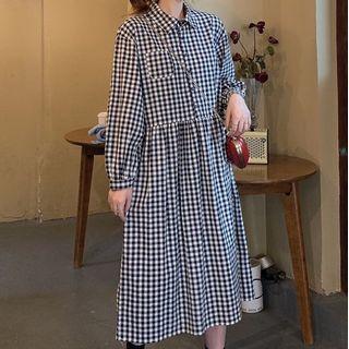 Set: Plaid Long-sleeve Midi A-line Shirt Dress + Vest