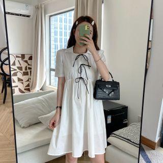Short-sleeve Tie Accent Plain Dress