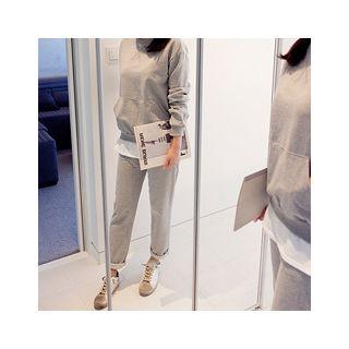 Set: Round-neck Layered-hem Pullover + Sweatpants