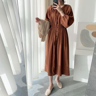Shirred-trim Gathered-waist Shirtdress