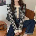 Long-sleeve Buttoned Plaid Knit Crop Top
