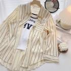 Set - Lettering Print Tank Top + Long-sleeve Striped Shirt