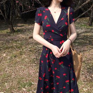 Cherry Print V-neck Midi Dress