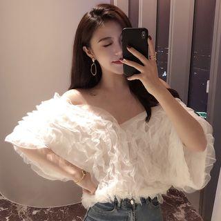 Elbow-sleeve Frilled Top Beige - One Size