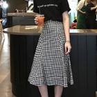 Set: Short-sleeve Lettering T-shirt + Gingham Midi A-line Skirt