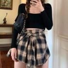 Long-sleeve Cropped Top / Plaid Tie-waist Mini Skort