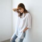 Elbow Sleeve Side Slit Linen Blend T-shirt