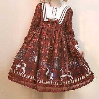 Long-sleeve Printed A-line Dress / Head Piece / Set